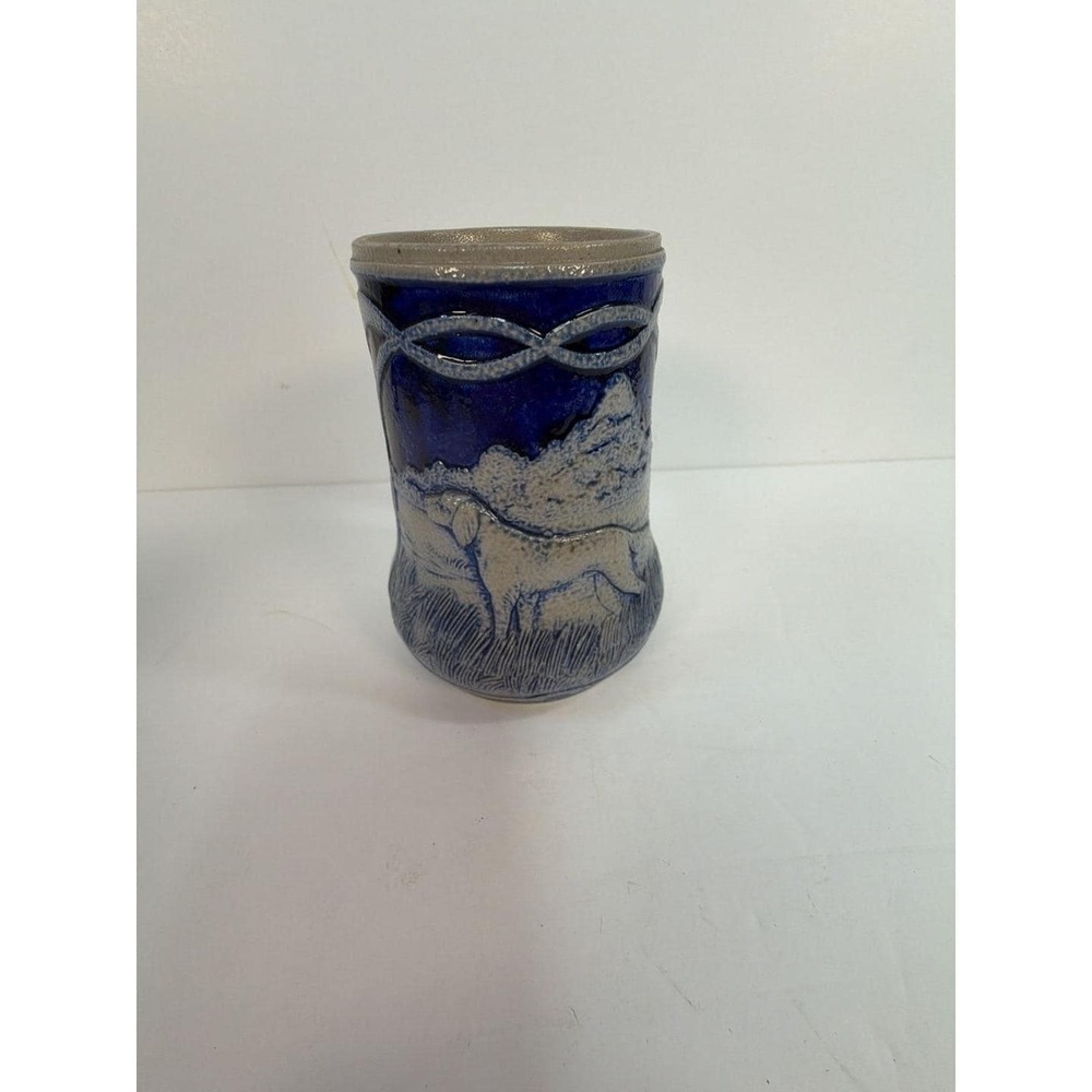 Vintage German Cobalt Blue Salt Glaze Stoneware Beer Stein with Dog and Game Mot